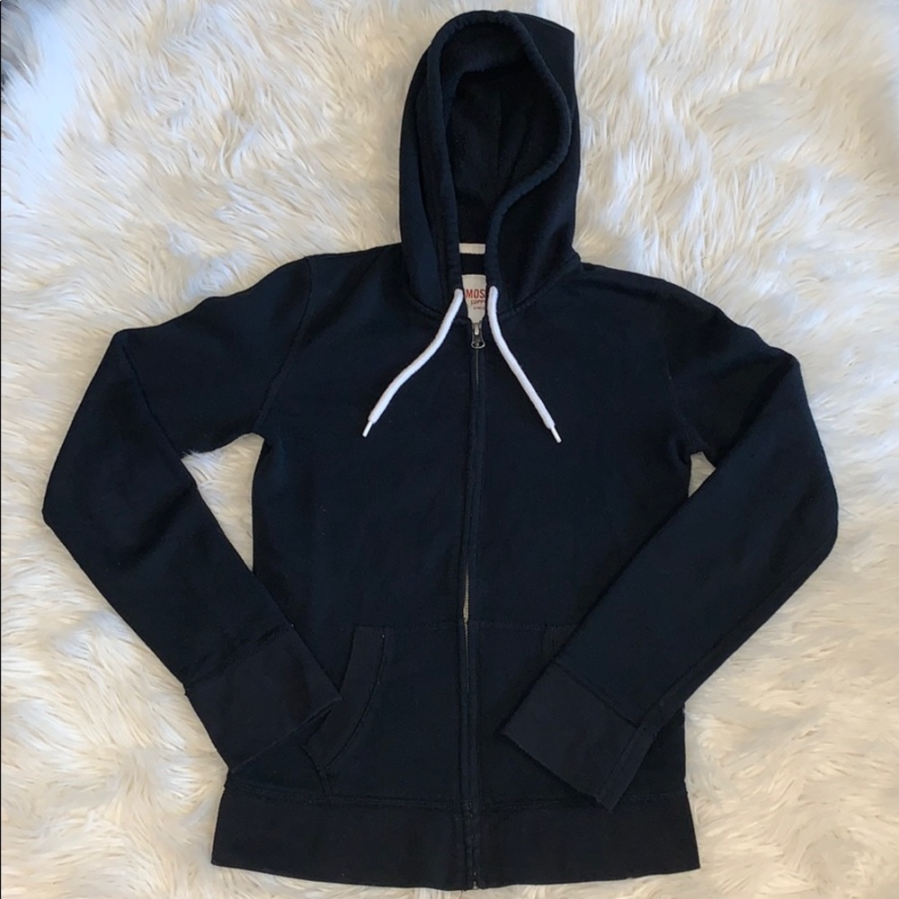 black zip up hoodie with white drawstrings